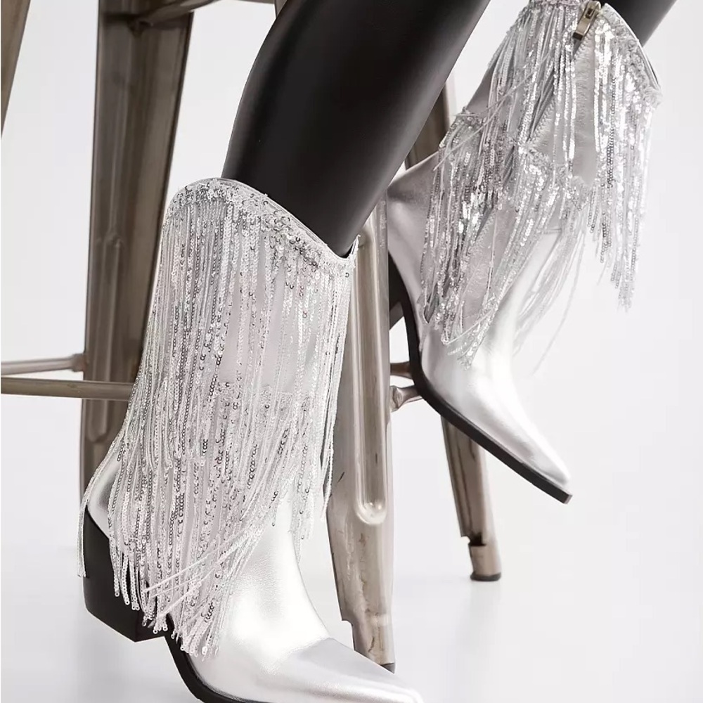 Azalea Wang Joyful Silver Sequin Fringe Heeled Western Boots 10